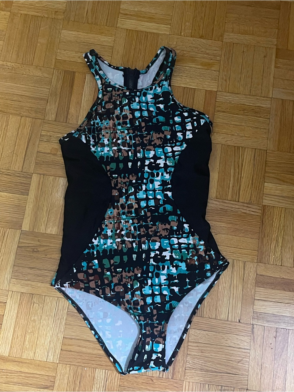 Women's High-Neck One-Piece Swimsuit in Teal Black Print